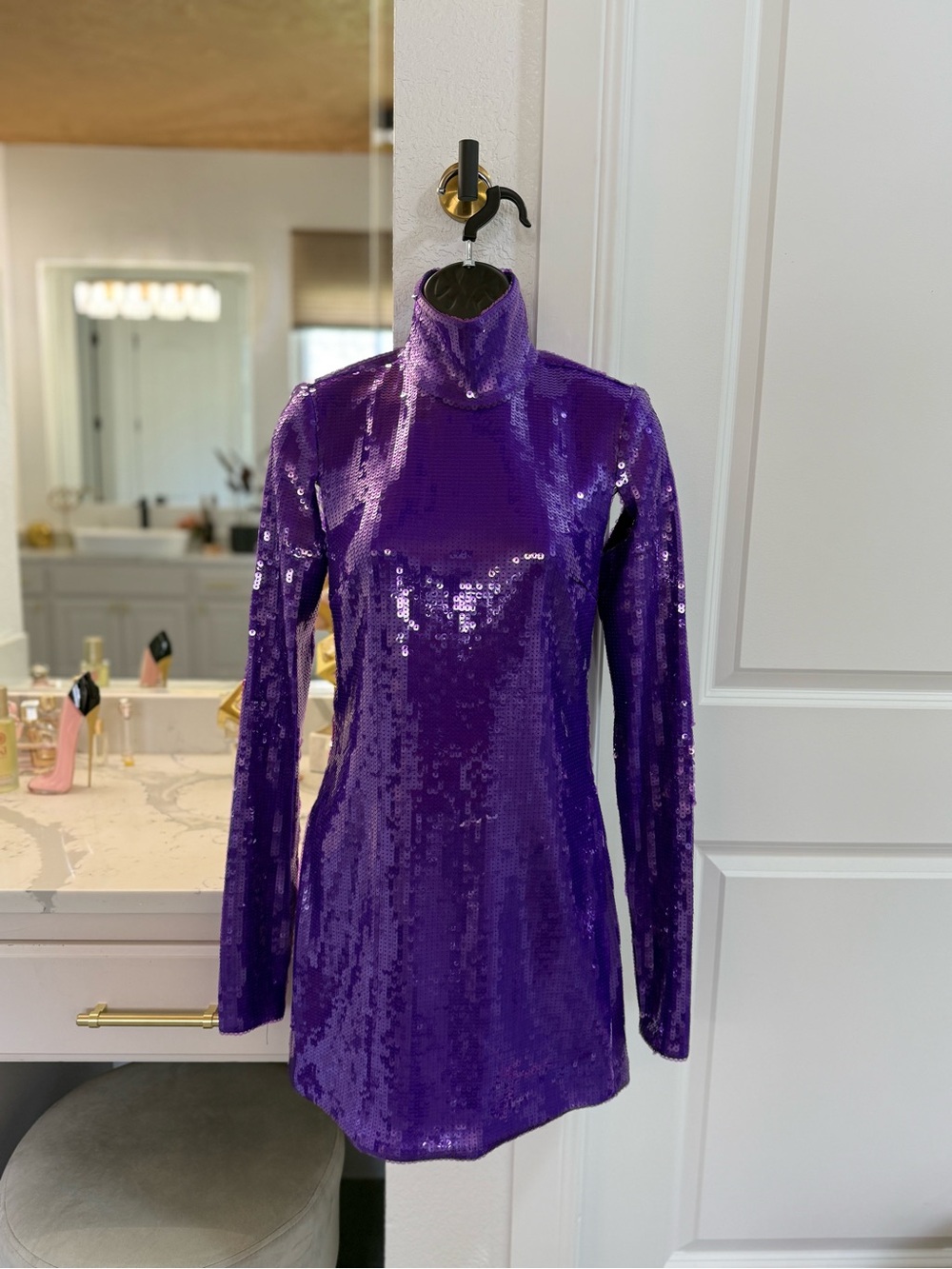 LaQuan Smith Purple Sequin High-Neck Backless Mini Dress